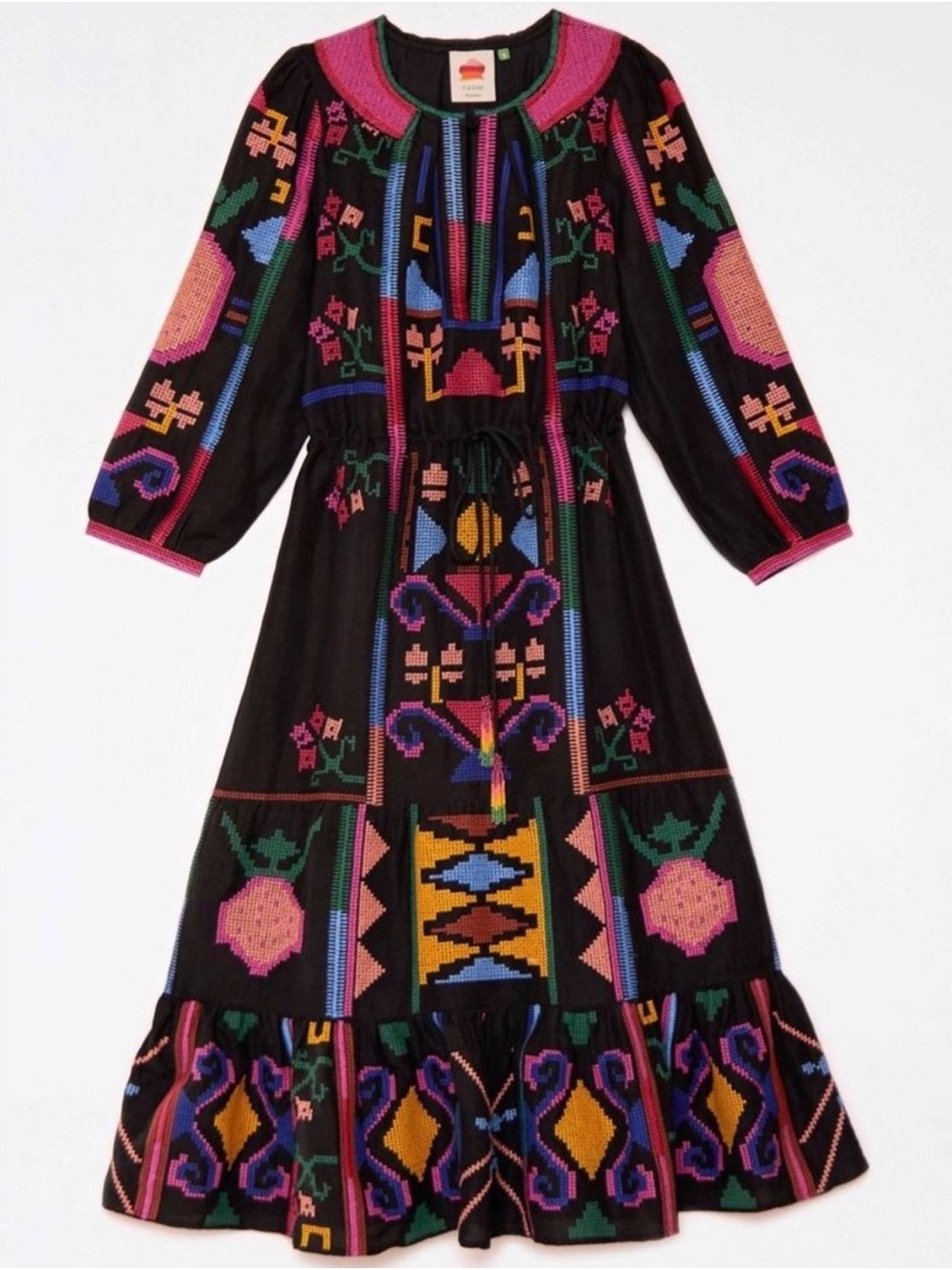Black FARM RIO Fully Embroidered Boho Midi Dress with Pink & Multicolor Details